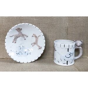 Vintage Kids Mug Bowl Set Carousel Animals Handmade Ceramic Whimsical Kitsch